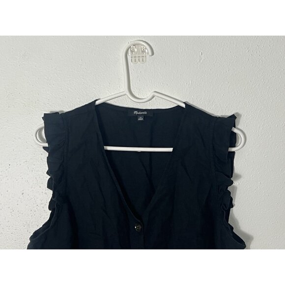 Madewell Linen Blend Black Button Down Sleeveless Blouse With Ruffles Size 16 - Picture 2 of 10